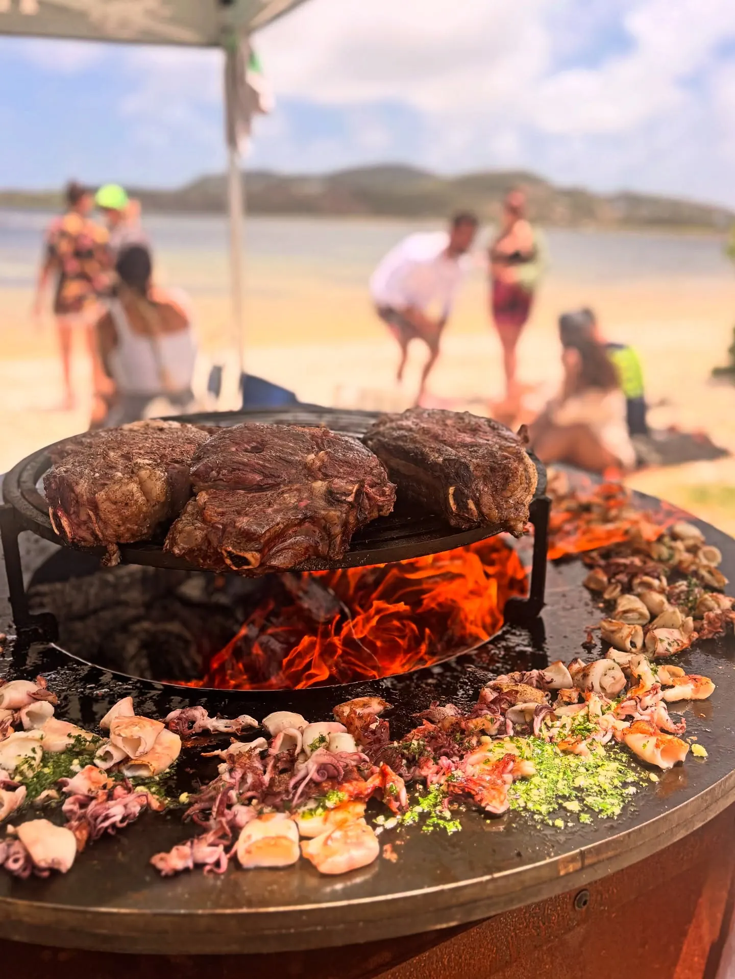 Rib steaks and squid on the fire pit, on the beach